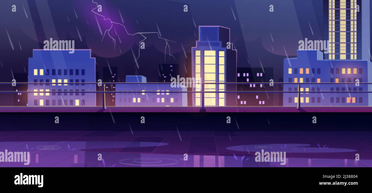 Terrasse auf dem Dach bei Nacht Sturm, Blick auf die Stadt von der leeren Terrasse auf dem Dach mit Geländer auf Stadtbild Hintergrund mit modernen Gebäuden und Wolkenkratzern unter Stock Vektor