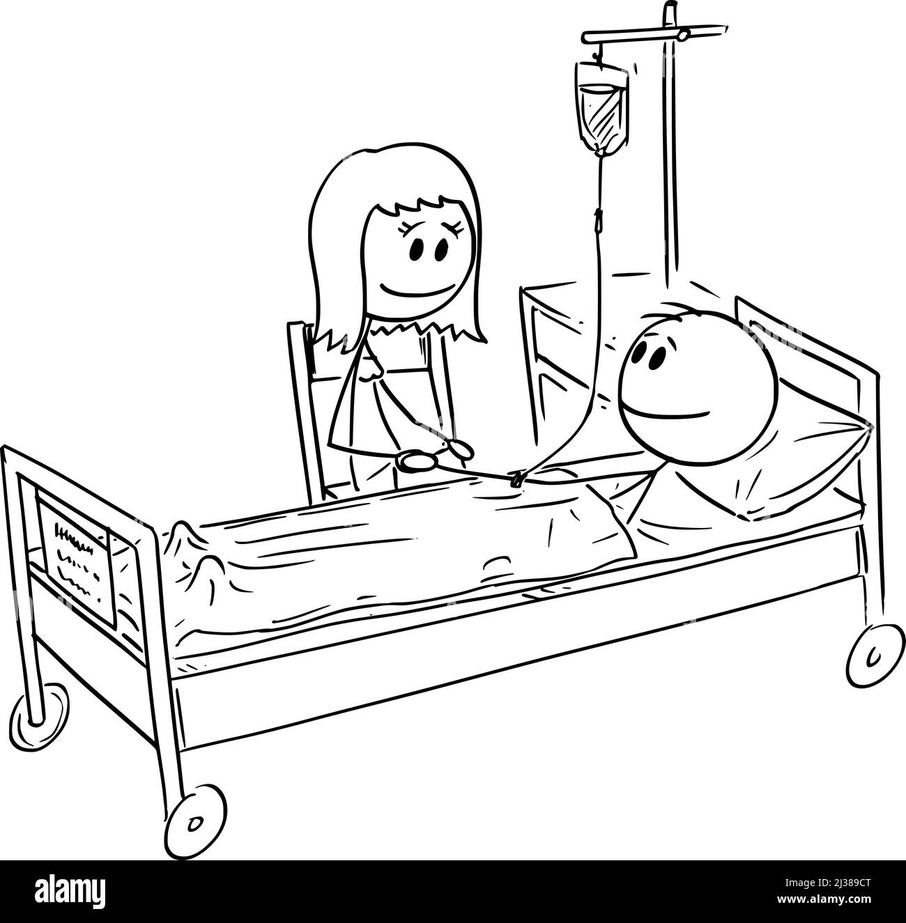 Frau zu Besuch Freund oder Ehemann, der Patient im Krankenhaus ist, Vektor Cartoon Stick Abbildung Stock Vektor