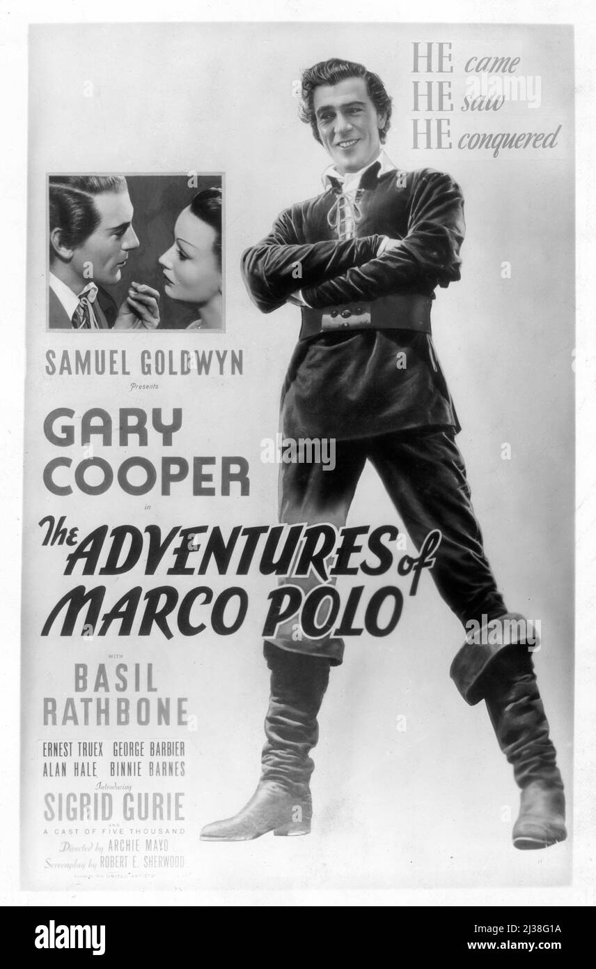 GARY COOPER SIGRID GURIE und BASIL RATHBONE in DEN ABENTEUERN DES MARCO POLO 1938 Regisseurs ARCHIE MAYO nach der Geschichte von N.A. Pogson Drehbuch Robert E. Sherwood Musik Hugo Friedhofer The Samuel Goldwyn Company / United Artists Stockfoto