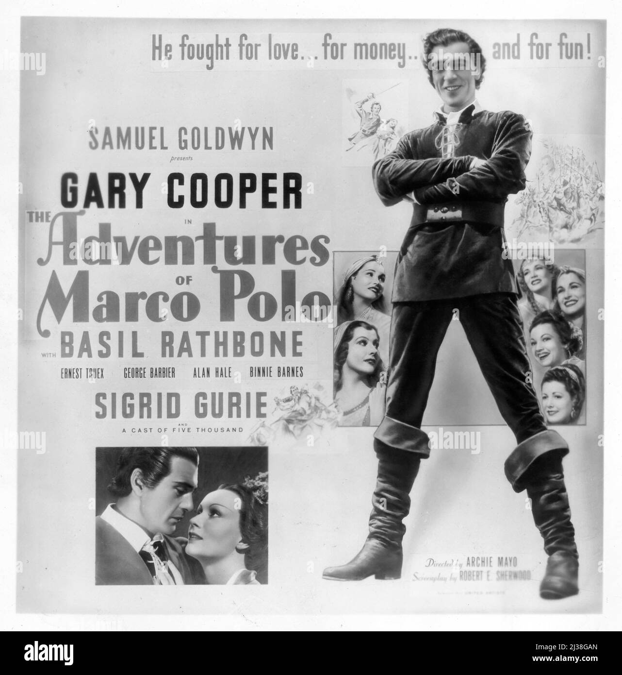 GARY COOPER SIGRID GURIE und BASIL RATHBONE in DEN ABENTEUERN DES MARCO POLO 1938 Regisseurs ARCHIE MAYO nach der Geschichte von N.A. Pogson Drehbuch Robert E. Sherwood Musik Hugo Friedhofer The Samuel Goldwyn Company / United Artists Stockfoto