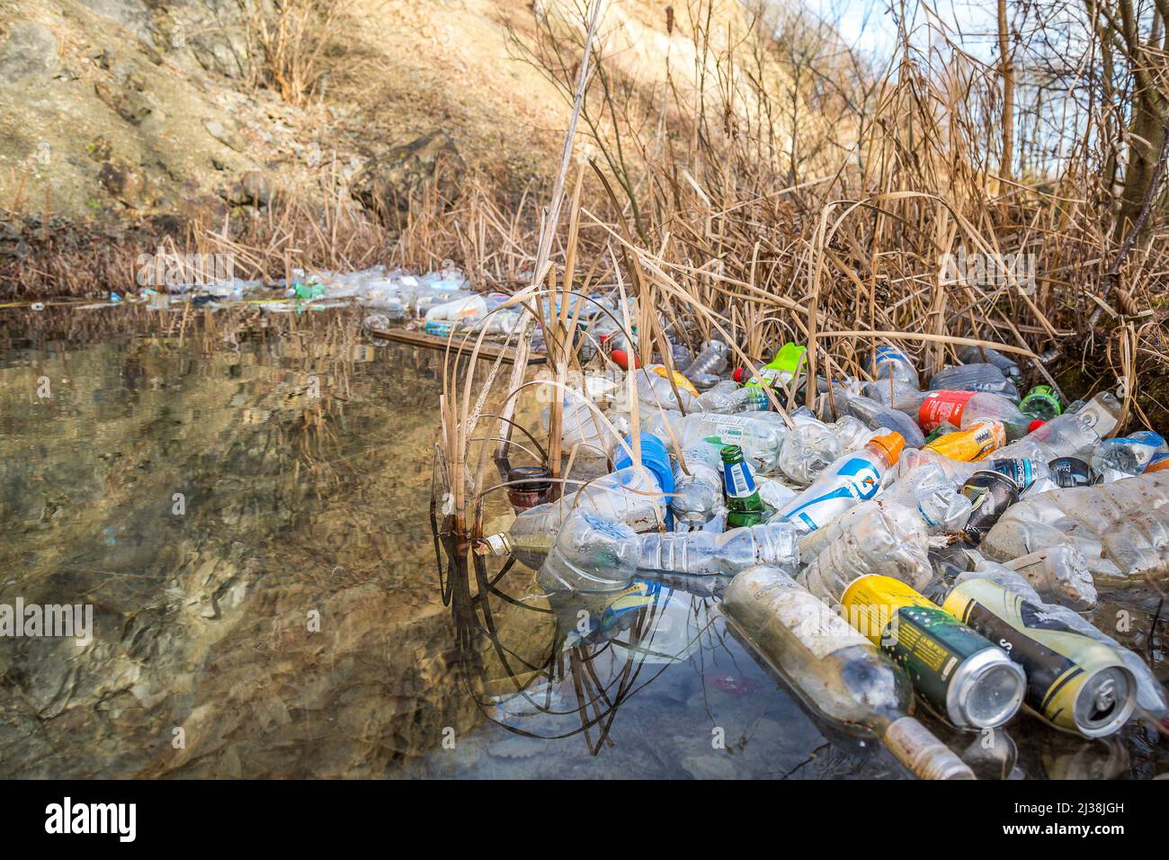 Nahaufnahme von Abfall am Wasserrand des lokalen Beauty Spot Lake in Worcestershire Countryside, Großbritannien. Gedankenlosigkeit der Touristen, die den Ländercode nicht kennen. Stockfoto