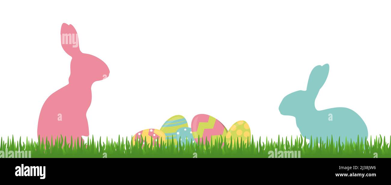 eps-Vektor-Panorama-Illustration für ostern, fröhlich frischer Hintergrund mit grünem Gras, farbige Silhouette von Kaninchen mit verschiedenen bemalten Eiern. Stock Vektor