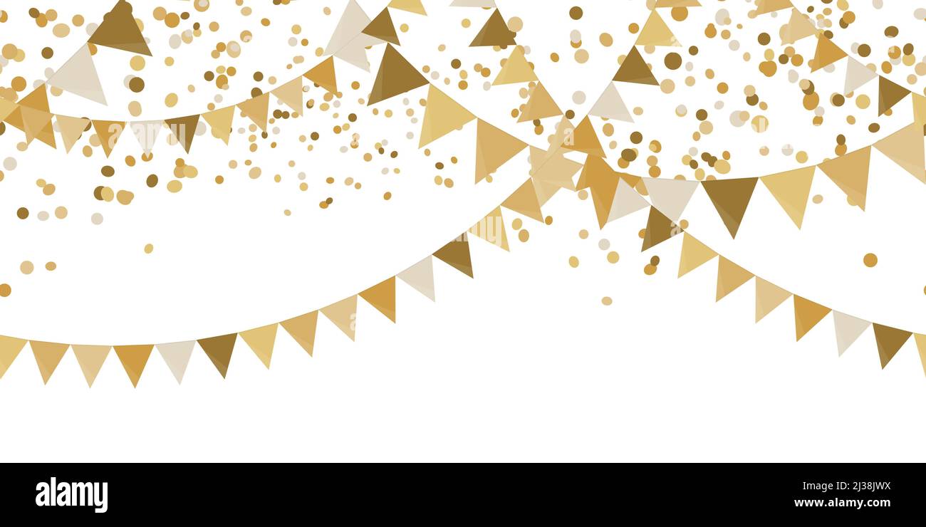 EPS 10 Vektordarstellung von nahtlosen goldfarbenen fröhlichen Konfetti und Girlanden auf weißem Hintergrund für Hochzeitsfeier oder sylvester Vorlage Verwendung Stock Vektor