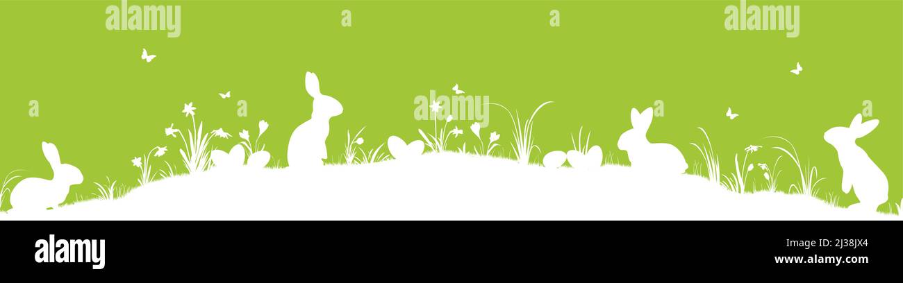 eps-Vektor-Panorama-Illustration für ostern, fröhlich frischen grünen Hintergrund mit Silhouette von Kaninchen mit Eiern, Gras, verschiedenen Blumen. Feder Stock Vektor
