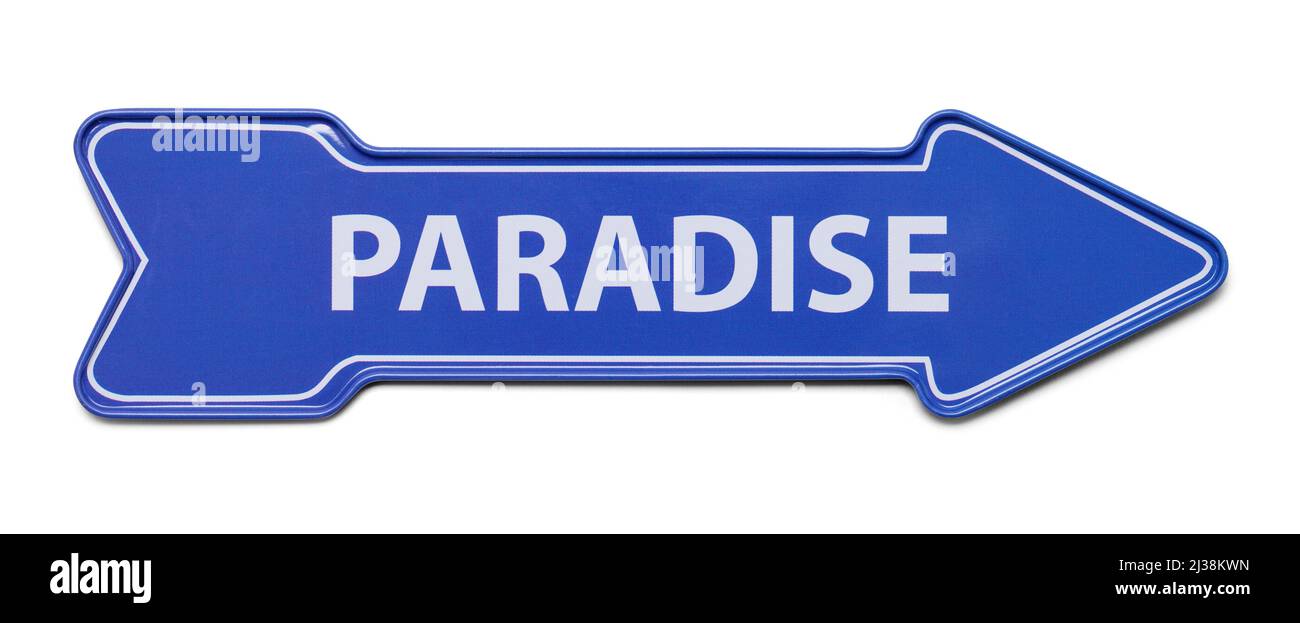 Blue Arrow Metal Paradise Schild auf Weiß ausgeschnitten. Stockfoto