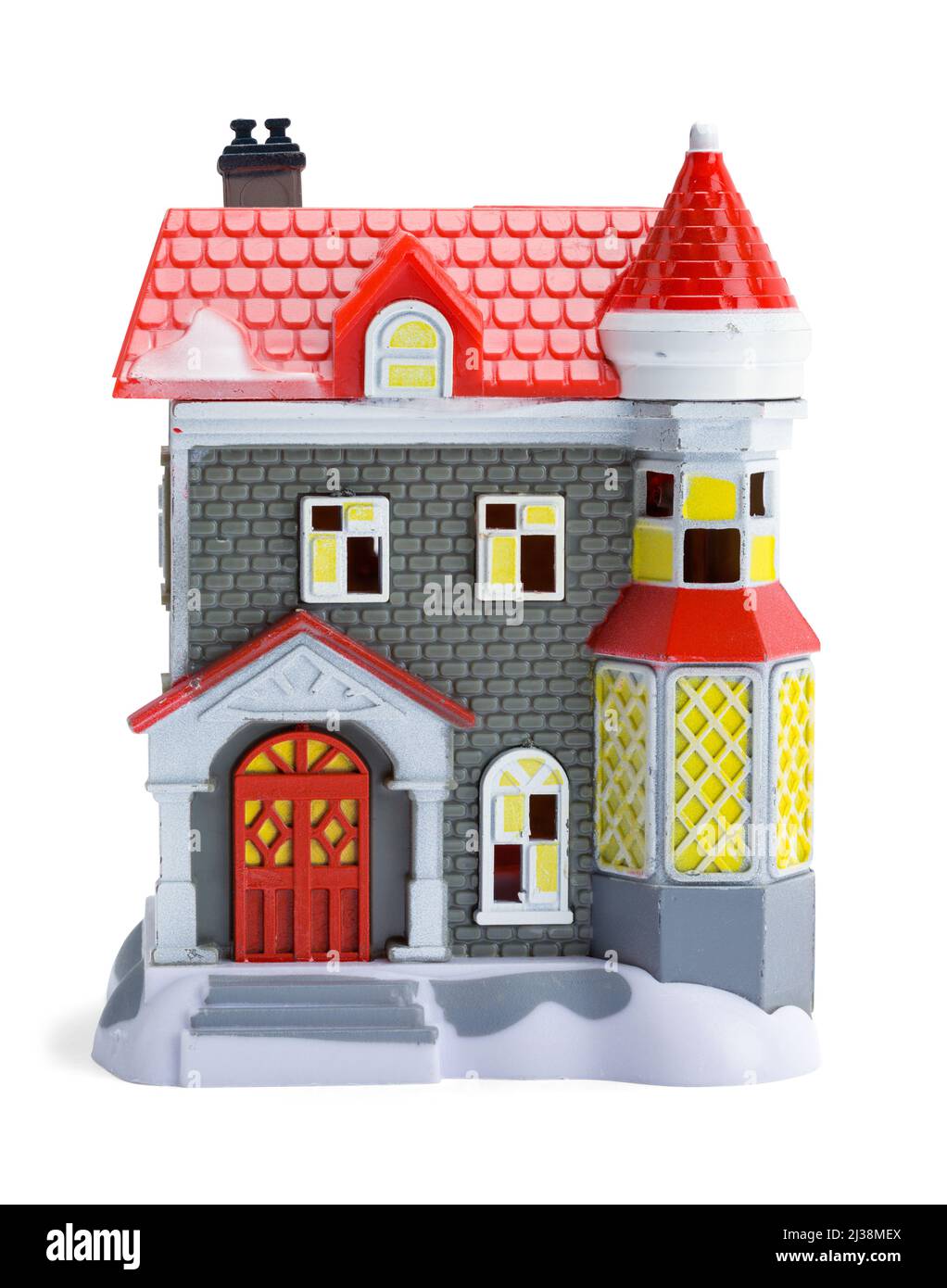 Kunststoff Spielzeug Stadthaus Modell vorne Ausschnitt auf Weiß. Stockfoto