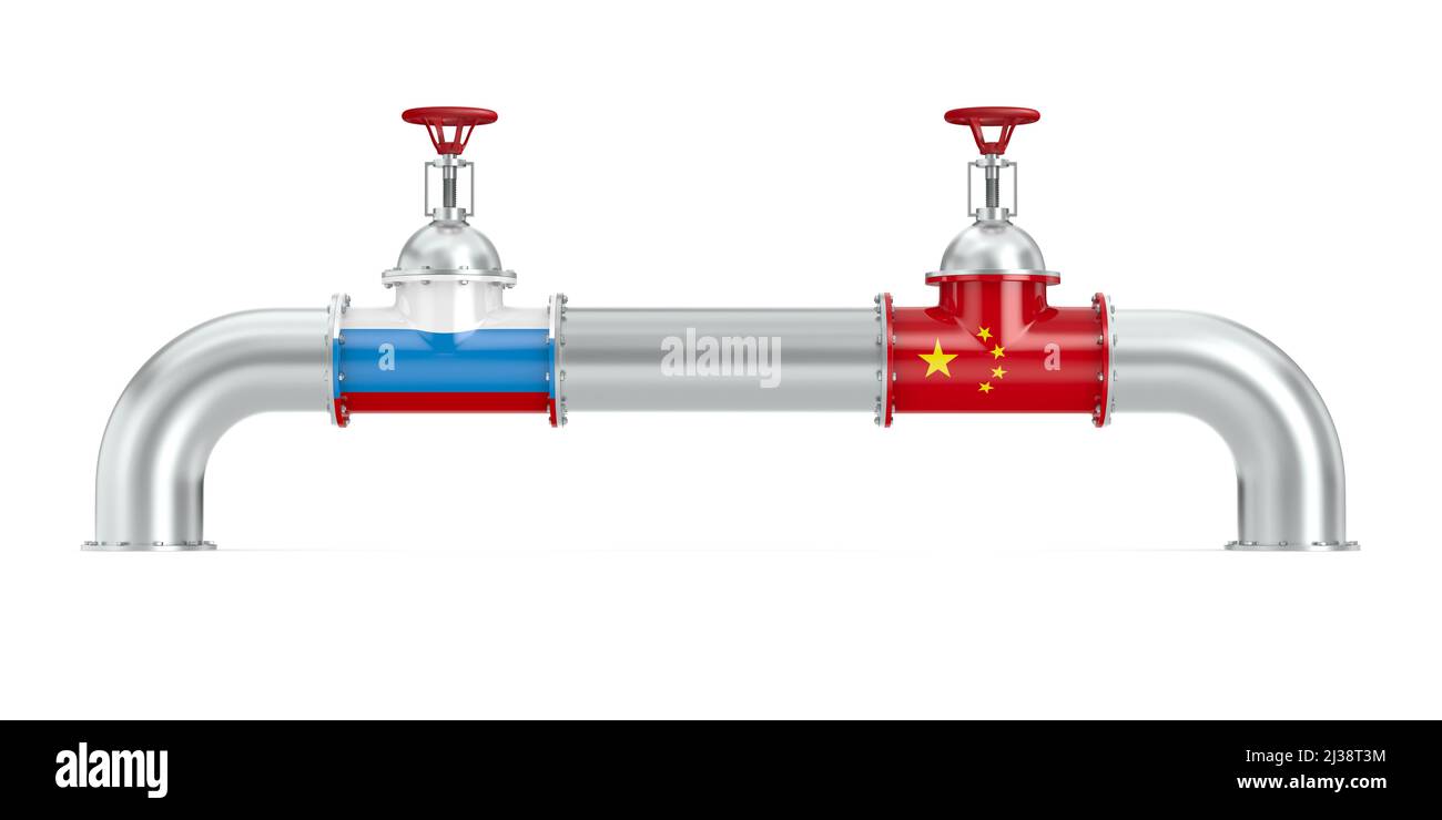 Pipeline zwischen Russland und China auf weißem Hintergrund. Isolierte 3D-Abbildung Stockfoto