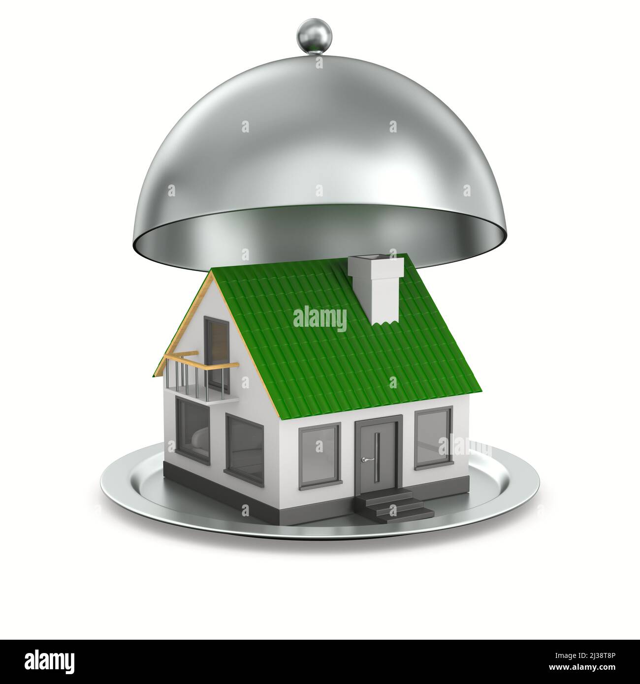 Offene metallische Cloche und Haus auf weißem Hintergrund. Isolierte 3D-Abbildung Stockfoto