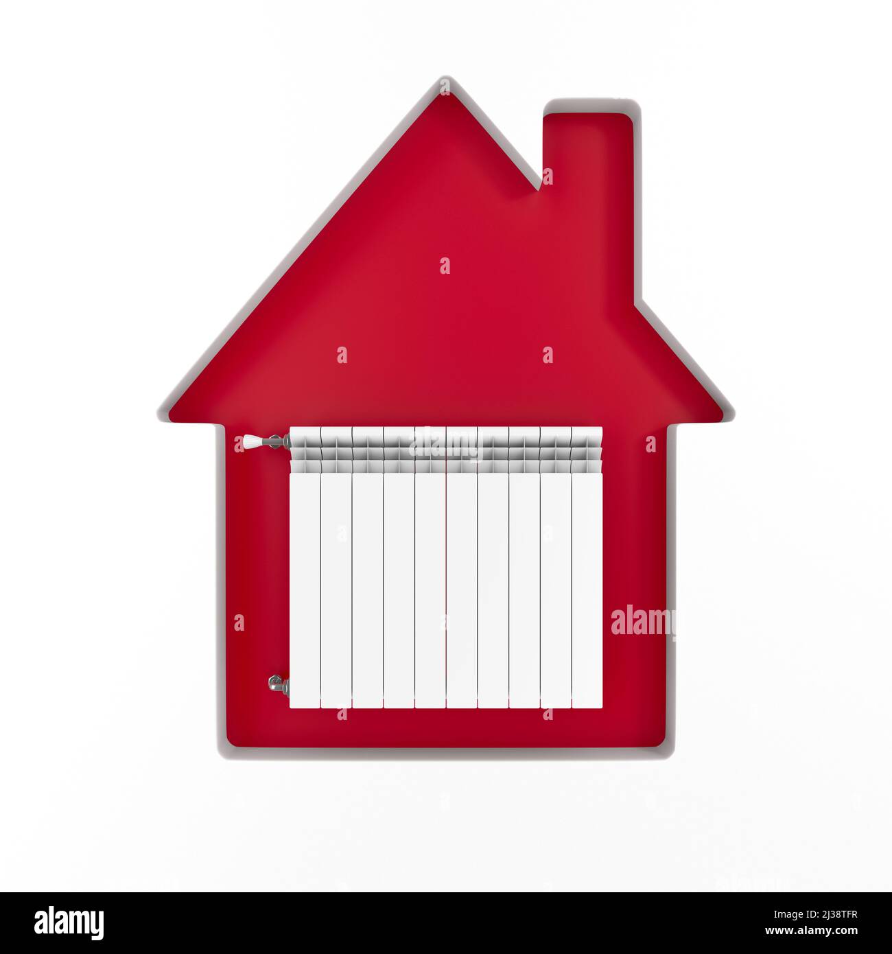 Rotes Haus und Heizkörper auf weißem Hintergrund. Isolierte 3D-Abbildung Stockfoto