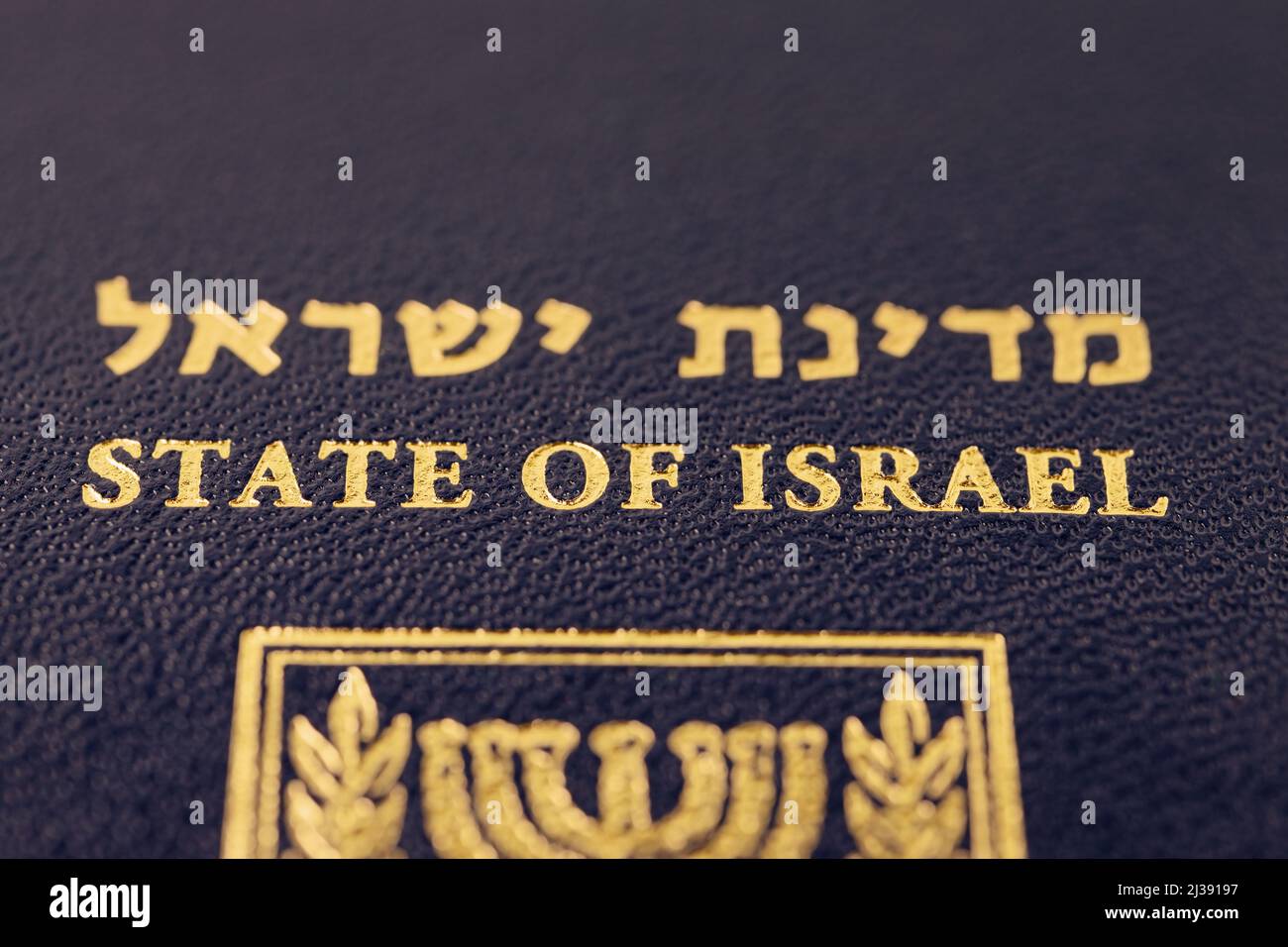 Worte des Staates Israel auf der Vorderseite des israelischen internationalen Passmakros Stockfoto