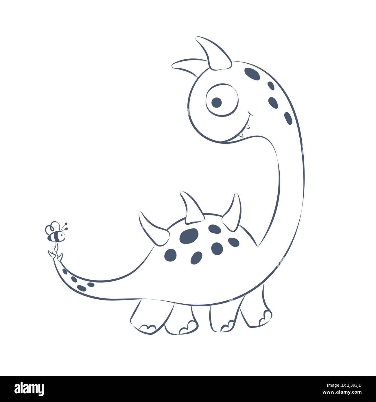 Niedlicher Dinosaurier im Umriss-Tintenstil. Lustige Cartoon Dino. Handgezeichnetes Vektor-Doodle-Design für Mädchen, Kinder. Handgezeichnete Kinder Illustration für Mode Stock Vektor