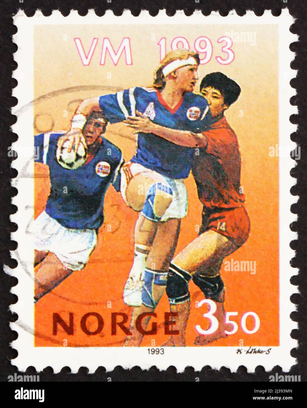 NORWEGEN - UM 1993: Eine in Norwegen gedruckte Marke zeigt Team Handball Spieler, um 1993 Stockfoto