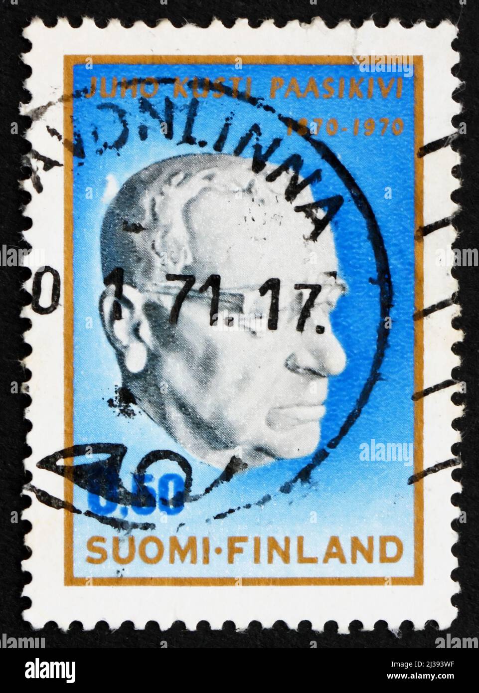 FINNLAND - UM 1970: Eine in Finnland gedruckte Briefmarke zeigt Juho Kusti Paasikivi von Essi Renavall, 7. Präsident Finnlands, um 1970 Stockfoto