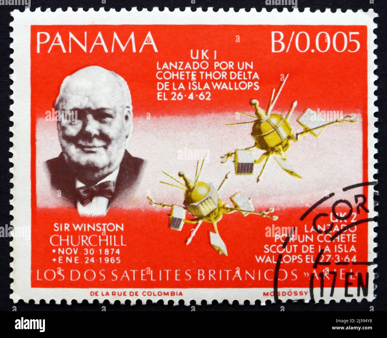 PANAMA - UM 1966: Eine in Panama gedruckte Marke zeigt Sir Winston Churchill, British Satellites, um 1966 Stockfoto