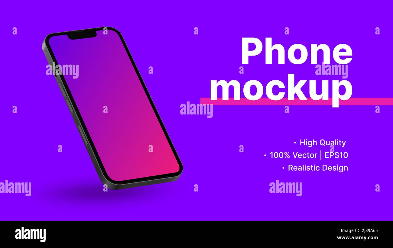 Violet Phone Mockup Design für UI- oder Anwendungspräsentation. Realistisches Smartphone in diagonaler Perspektive mit Gradient Screen. . Vektorgrafik Stock Vektor