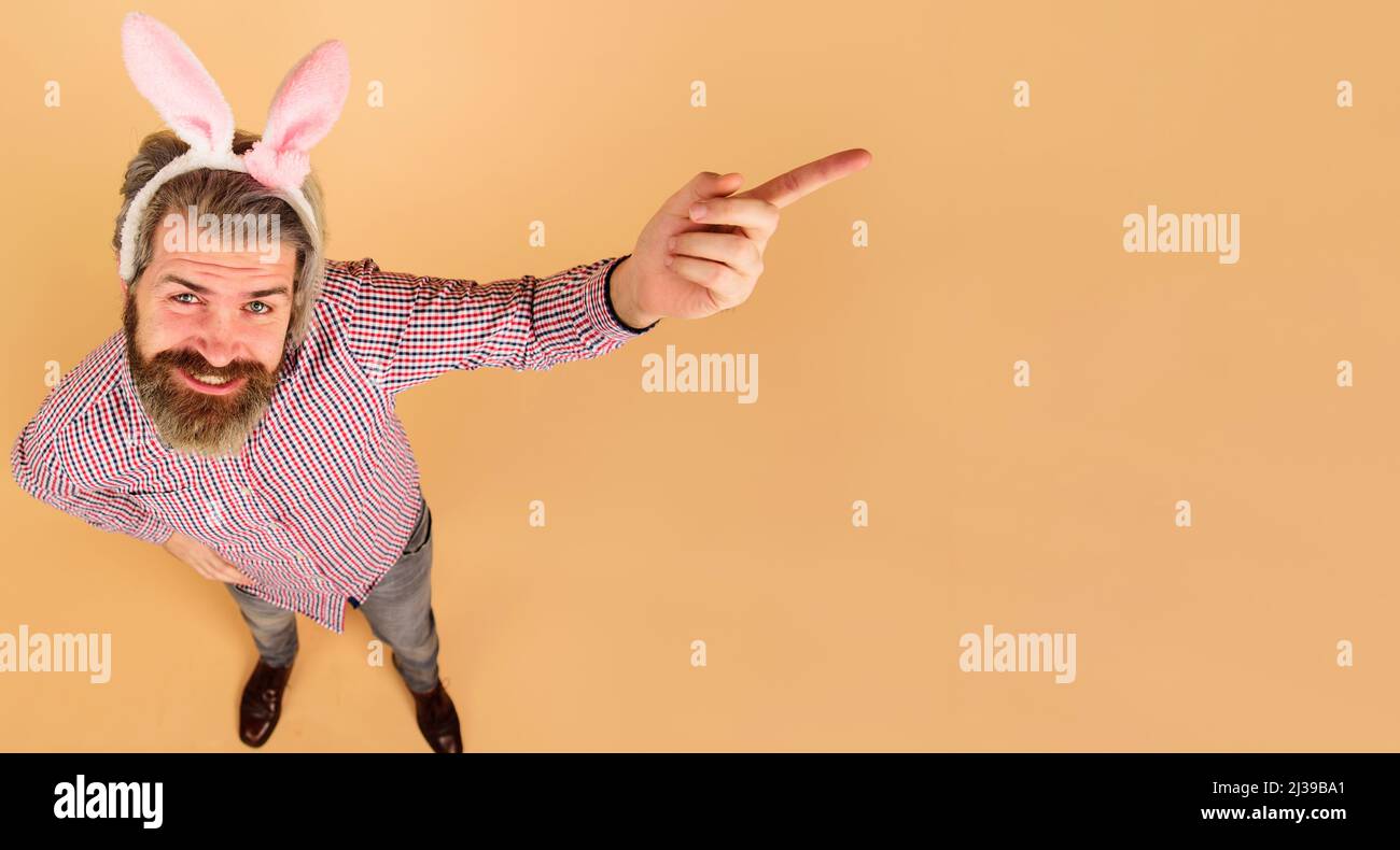 Ostermann zeigt mit dem Finger auf den Kopierraum. Rabbit guy in Hasen Ohren. Verkauf. Rabatt. Saisonverkauf. Stockfoto