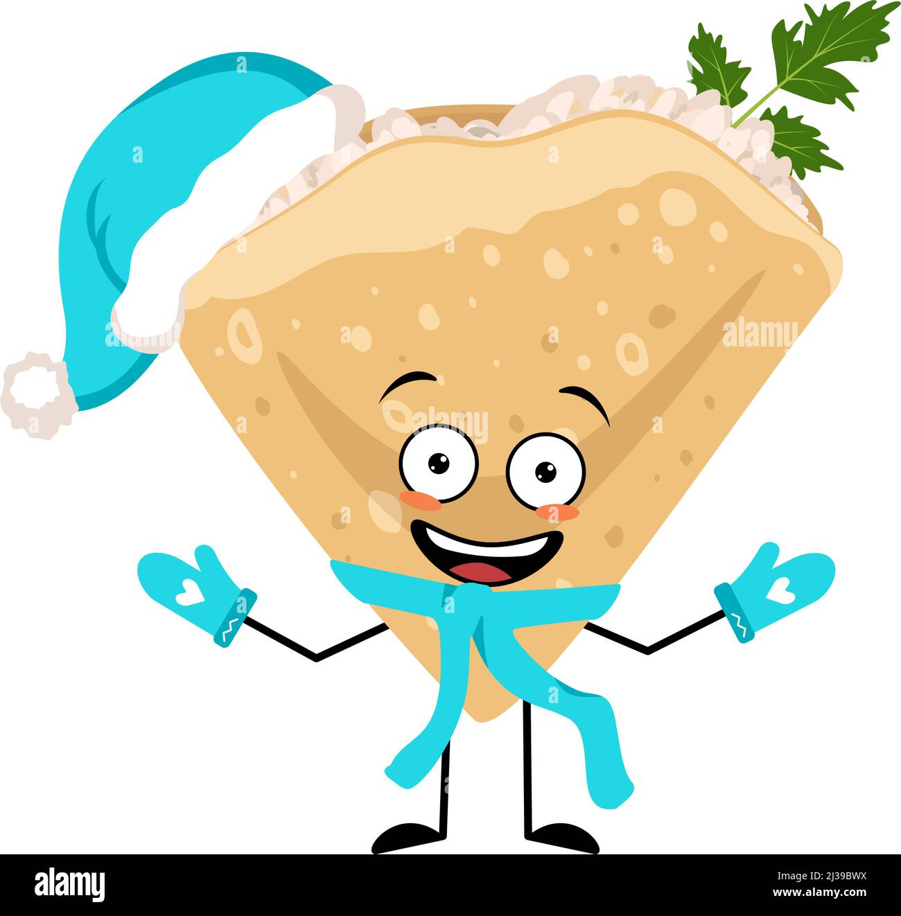 Pancake-Charakter in Weihnachtsmütze mit fröhlicher Emotion, freudigem Gesicht, lächelnden Augen, Armen und Beinen. Backende Person, hausgemachtes Gebäck mit lustigen Ausdruck. Vektorgrafik flach Stock Vektor