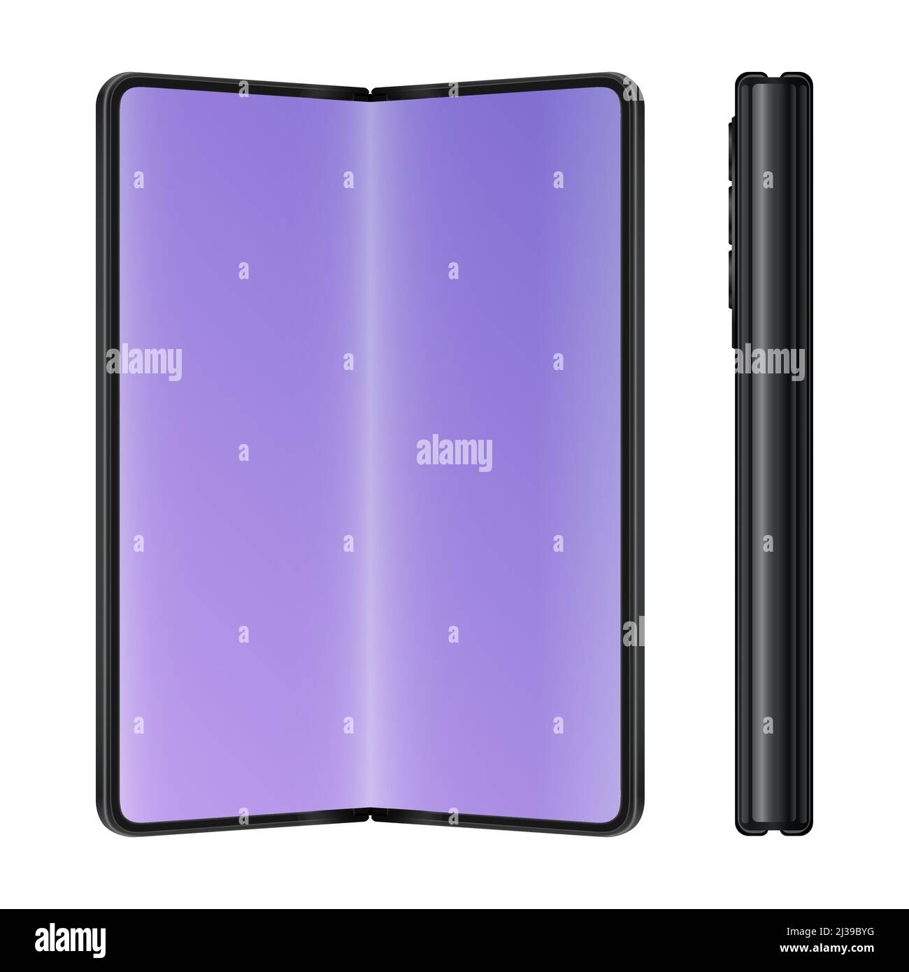 Gefaltetes Smartphone-Mockup. Offene und geschlossene Ansicht. Realistisches Mockup auf weißem Hintergrund. Vektorgrafik Stock Vektor