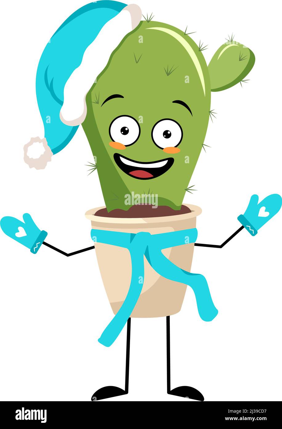 Niedlicher Kaktus-Charakter im Topf im Weihnachtsmütze mit fröhlicher Emotion, fröhlichem Gesicht, lächelnden Augen, Armen und Beinen. Zimmerpflanze mit witzigem Ausdruck und Pose. Vektorgrafik flach Stock Vektor