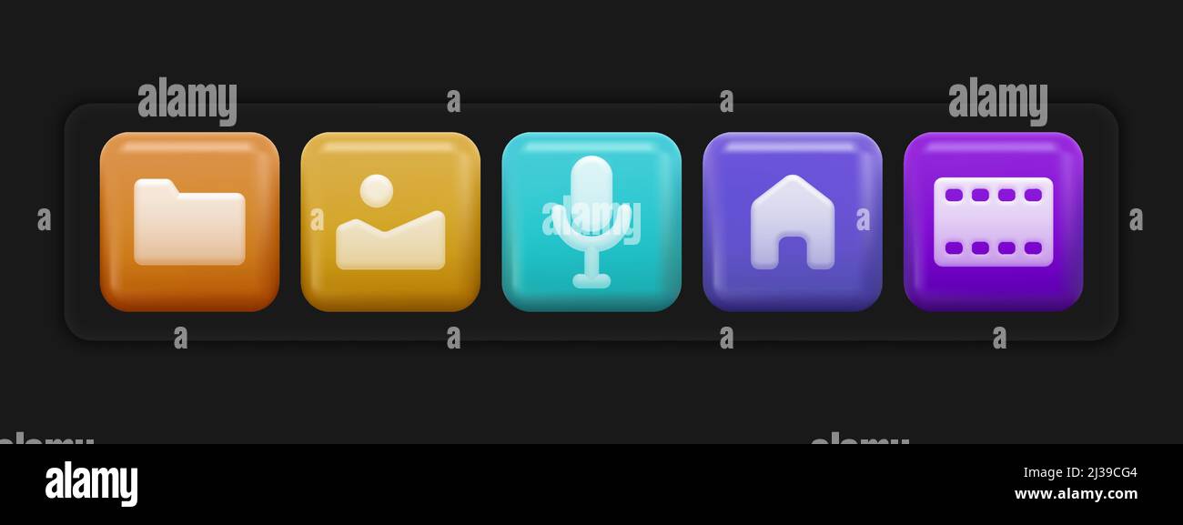 Basic 3D App-Symbole. Satz von bunten quadraten UI-Tasten . Vektorgrafik Stock Vektor