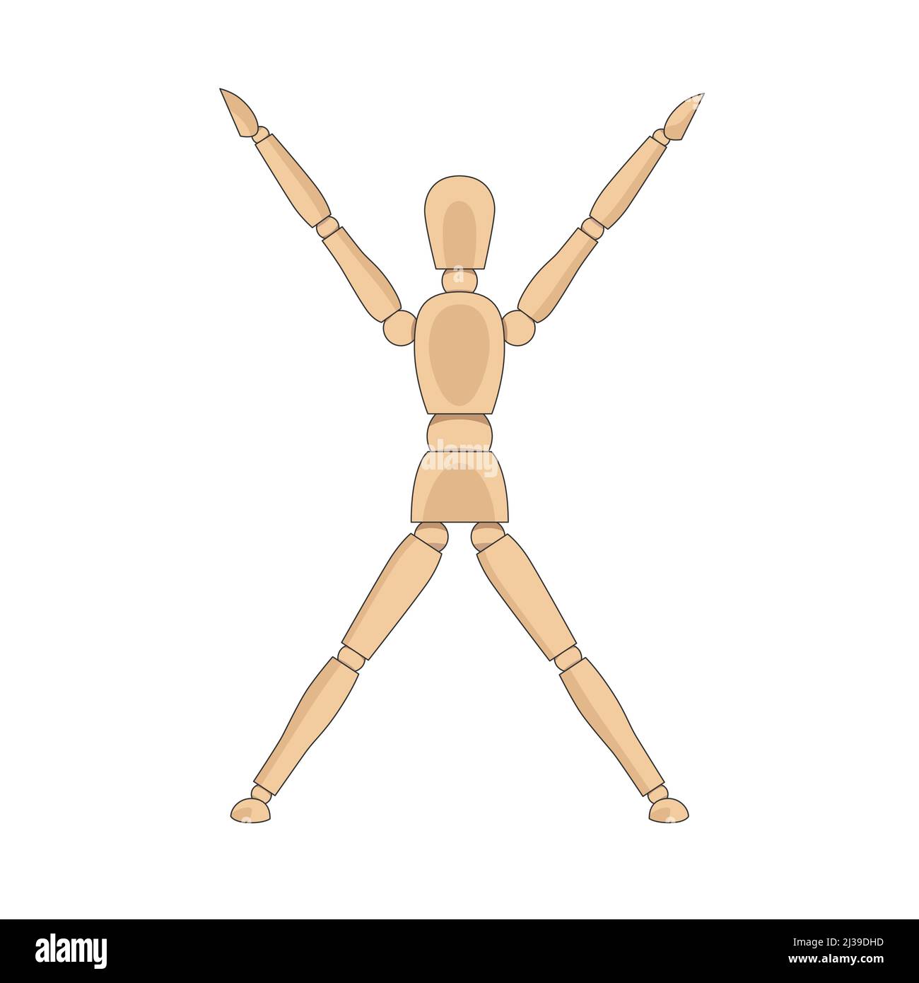 Holzmännchen-Modell, Übungspuppe, um menschlichen Körper springen Buben oder Sterne Pose zeichnen. Schaufensterpuppe Steuerung Dummy Figur Vektor einfache Illustration Stock Bild Stock Vektor