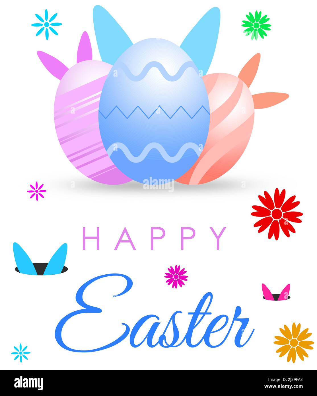 Happy Easter Day Abstrakten Hintergrund mit bunten Ostereiern und Kaninchen Ohr. Modernes Ostertag-Postdesign Stockfoto
