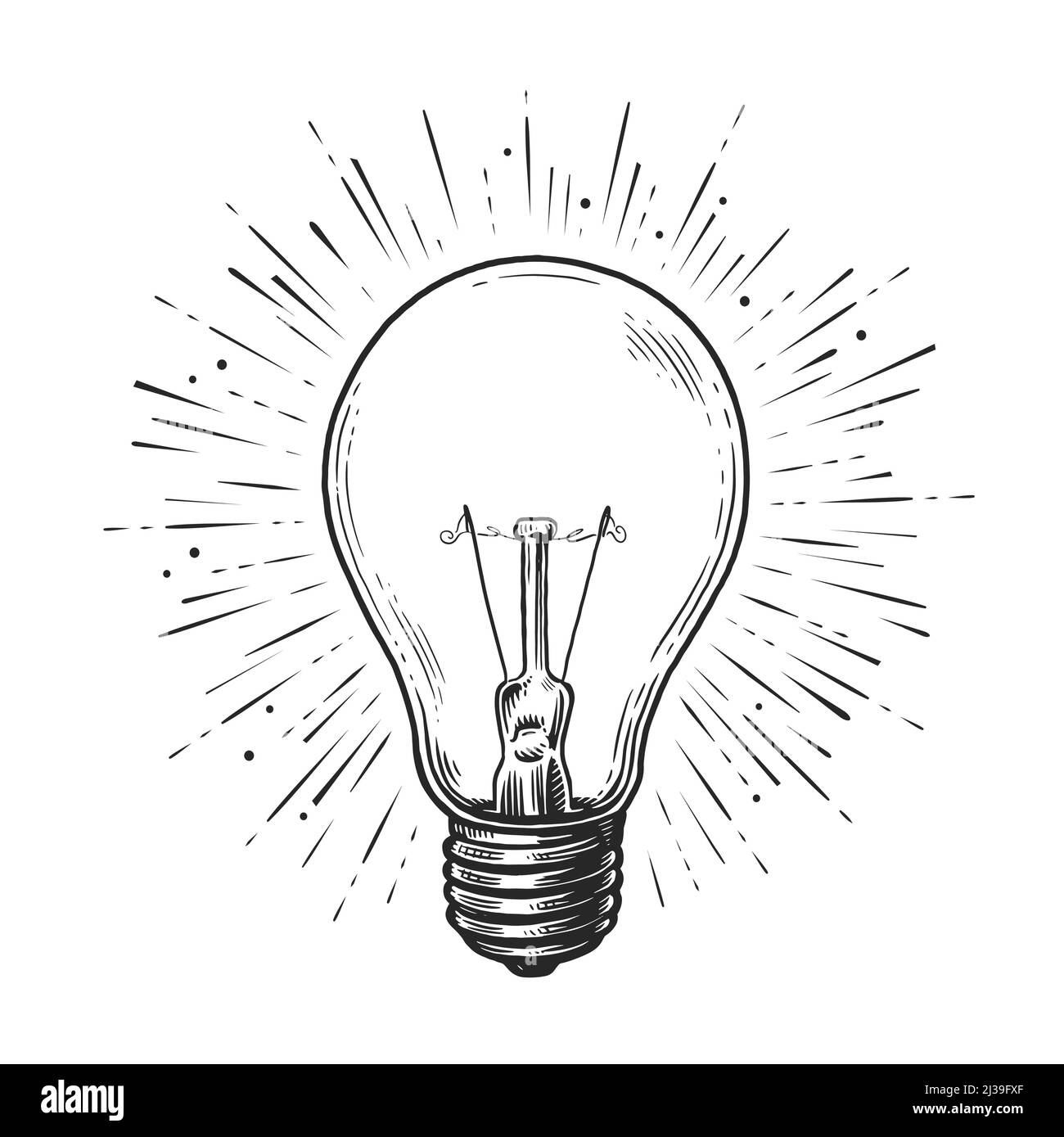 Glühende Glühbirne mit Strahlen. Lampe Skizze Vintage Vektor Illustration  Stock-Vektorgrafik - Alamy