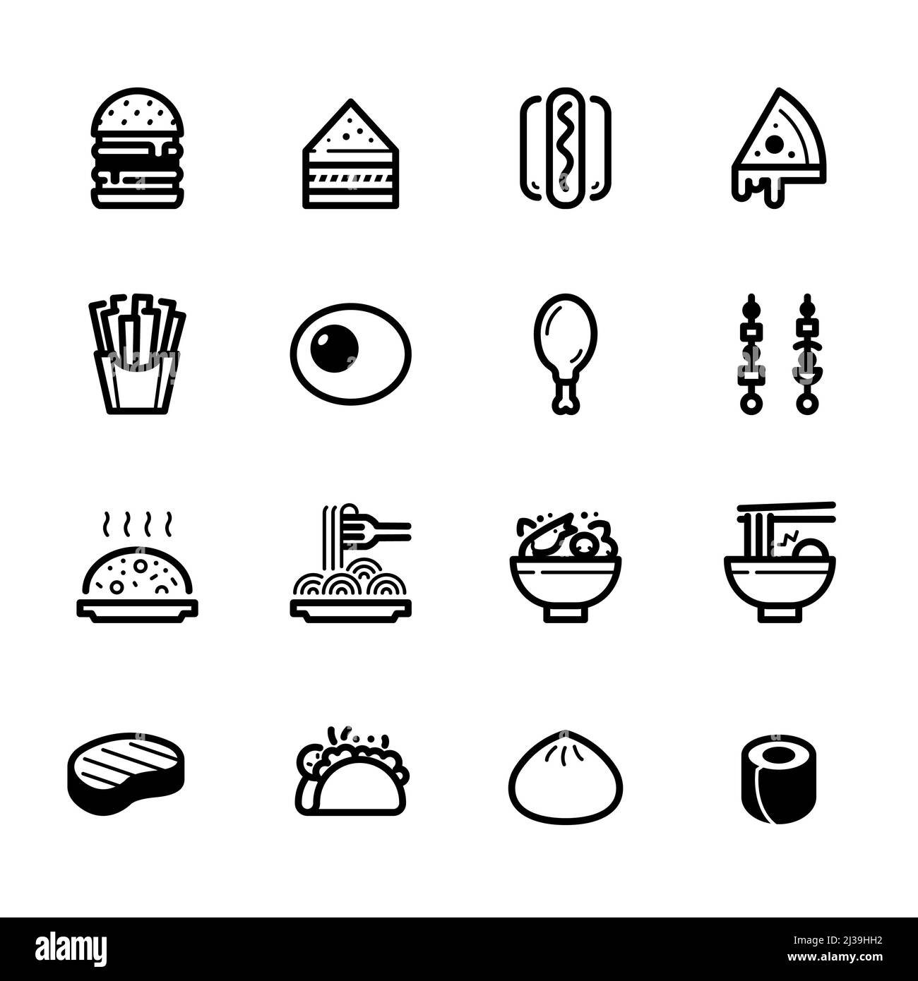 Symbole für Lebensmittel mit weißem Hintergrund Stockfoto