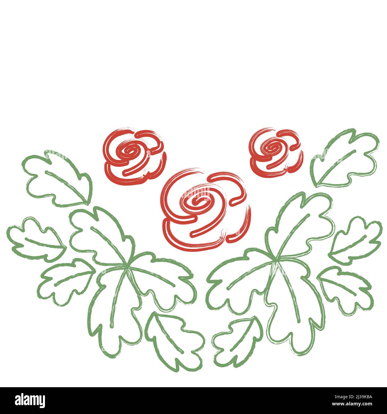 Floraler Rahmen aus Blättern und Rosenstössen. Zeichnen von Hand umreißen. Silhouettenlinien. Vektor-Set von floralen Elementen für Design in Gravur-Stil. Stock Vektor