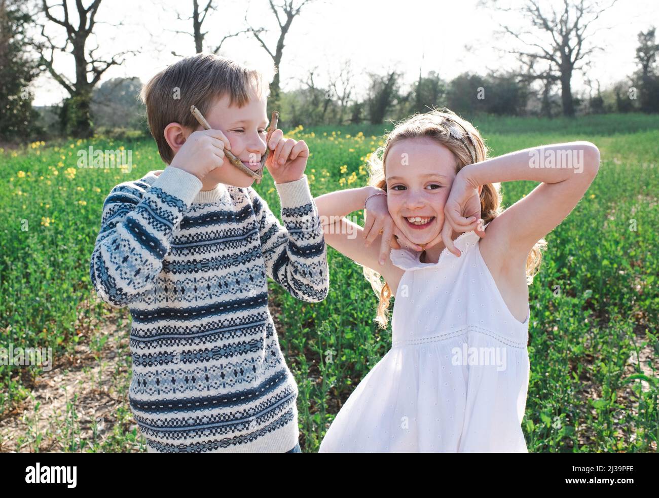 Geschwister ziehen spielerisch Gesichter auf einem Blumenfeld zusammen Stockfoto