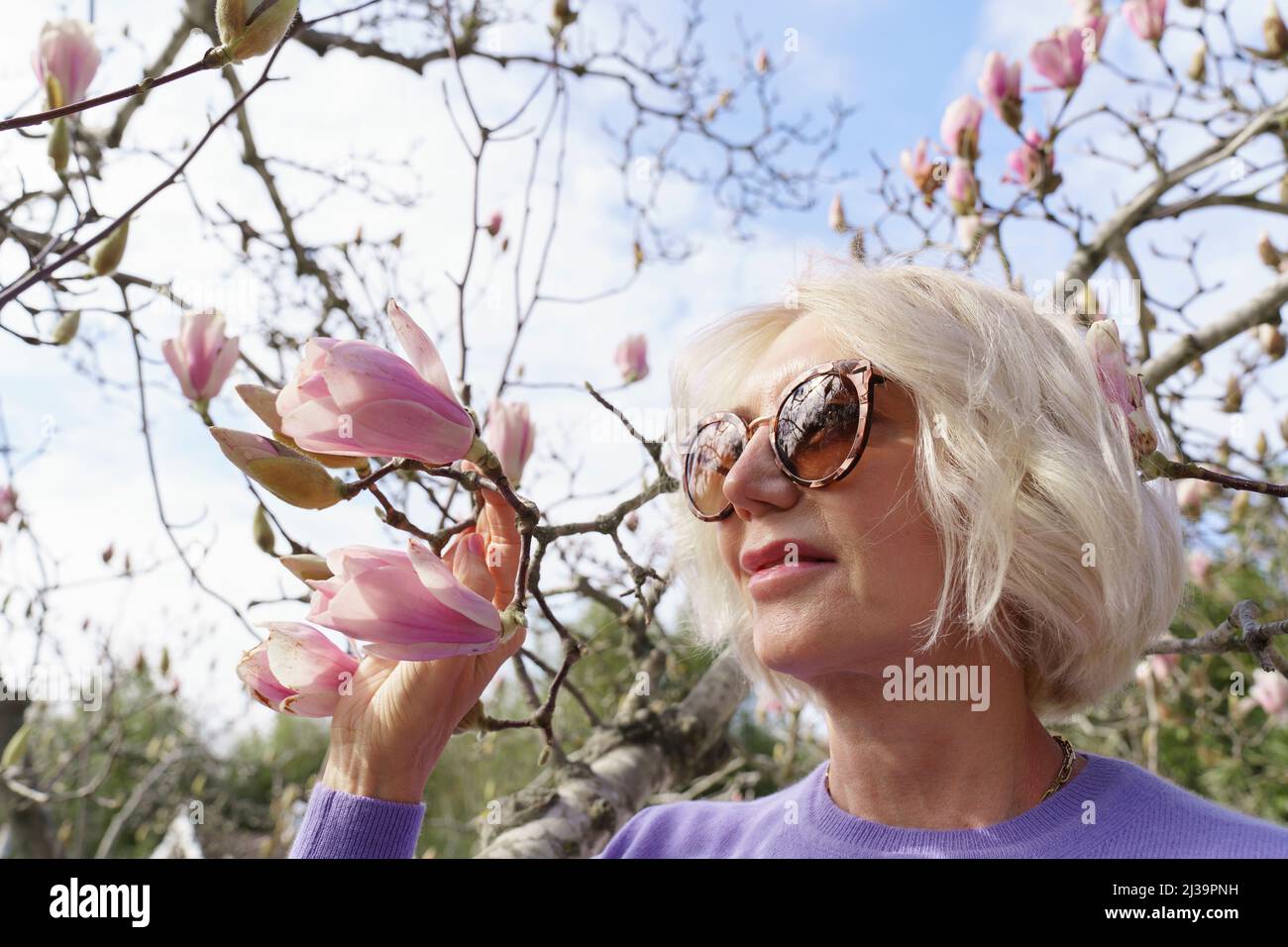 Porträt einer schönen Frau im Park bei einem Magnolienbaum. Stockfoto