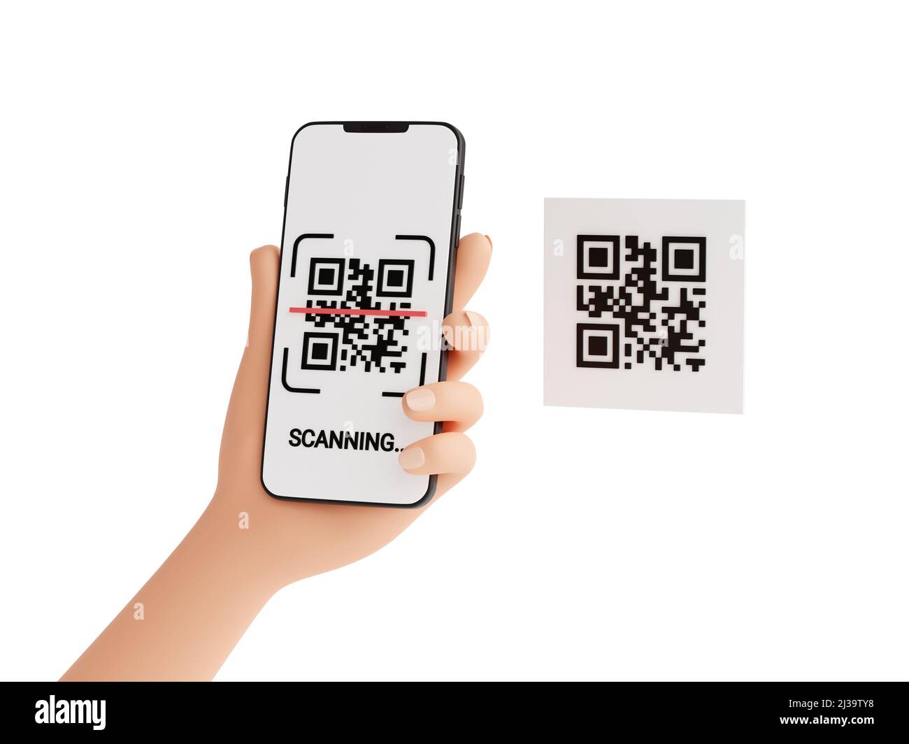 QR-Code-Scan-Konzept - menschliche Hand hält Handy mit Barcode-Scan-Prozess 3D Render Illustration. Stockfoto