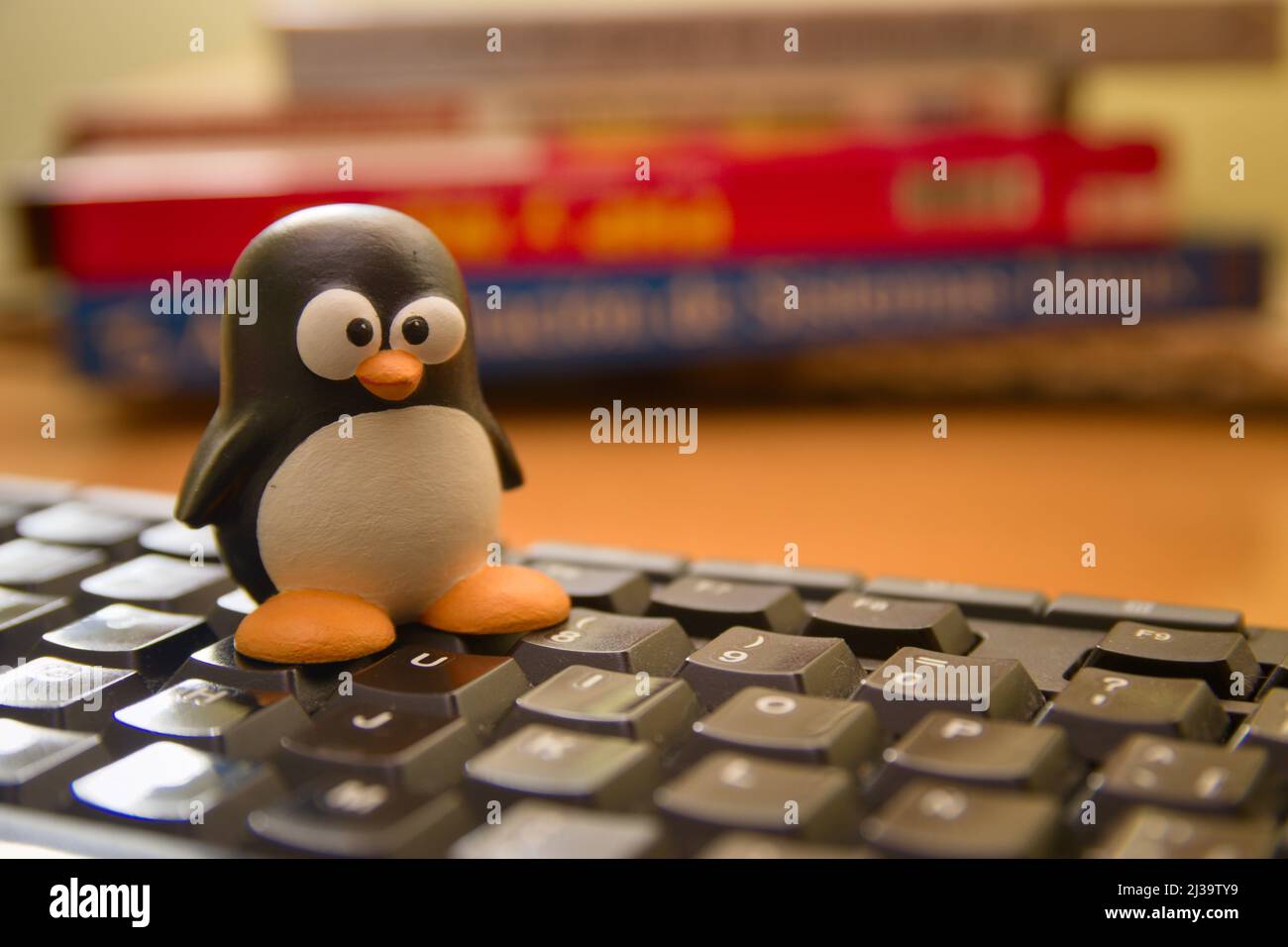 2021.Spanien. Abbildung eines Tux-Pinguins, Emblem des Linux-Betriebssystems auf einer Computertastatur Stockfoto
