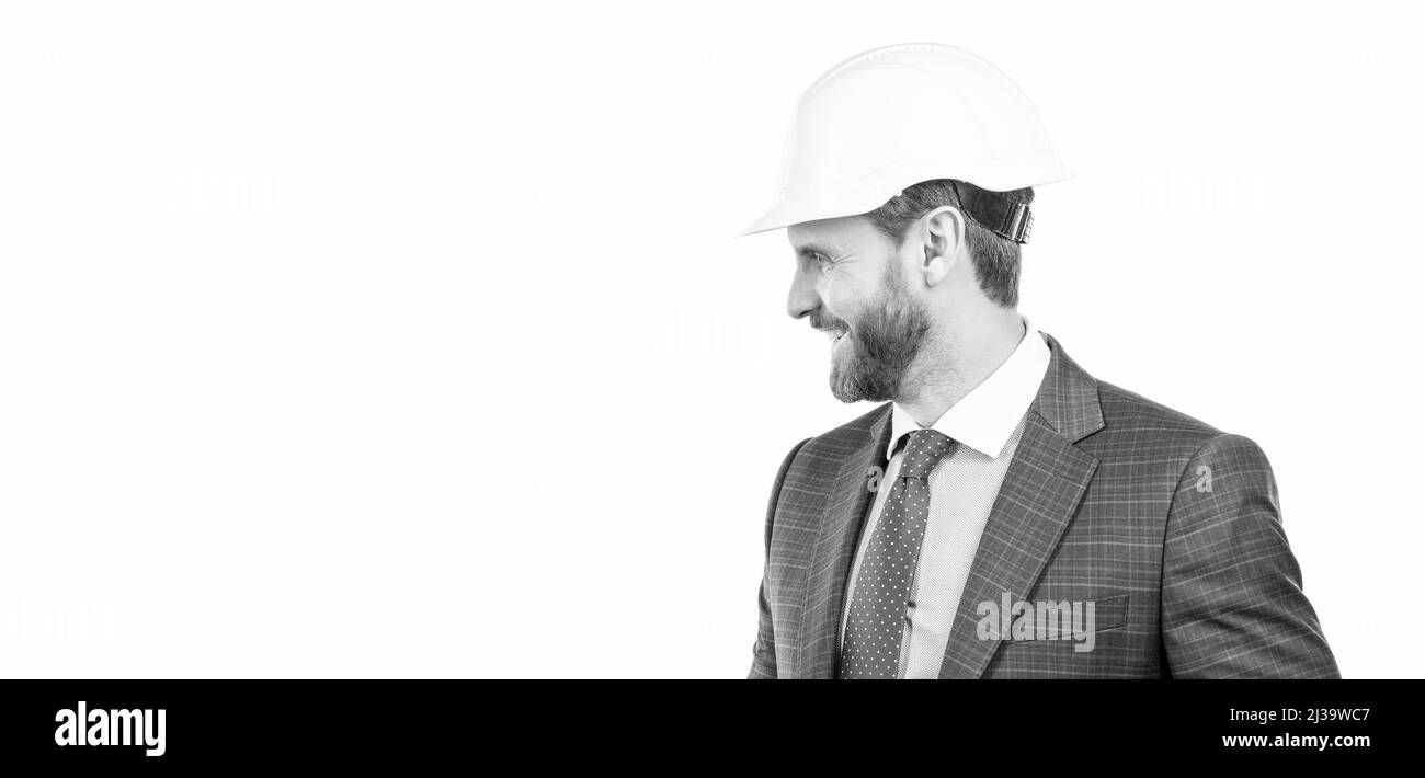 Für eine bessere Zukunft mehr Bauingenieur. Glücklicher Techniker von der Seite. Profil Porträt professionell Mann Stockfoto