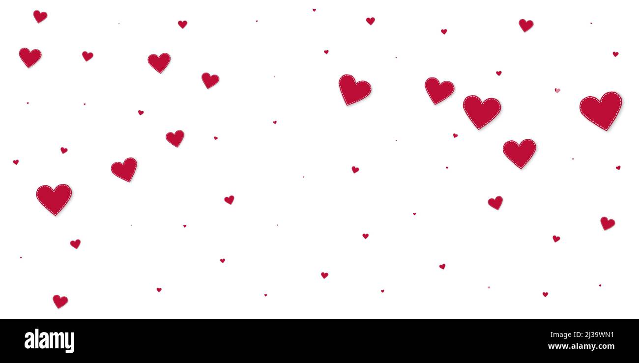 Rotes Herz liebt Konfettis. Valentinstag fallender Regen makelloser Hintergrund. Fallende genähte Papier Herzen Konfetti auf weißem Hintergrund. Bezauberndes Vec Stock Vektor