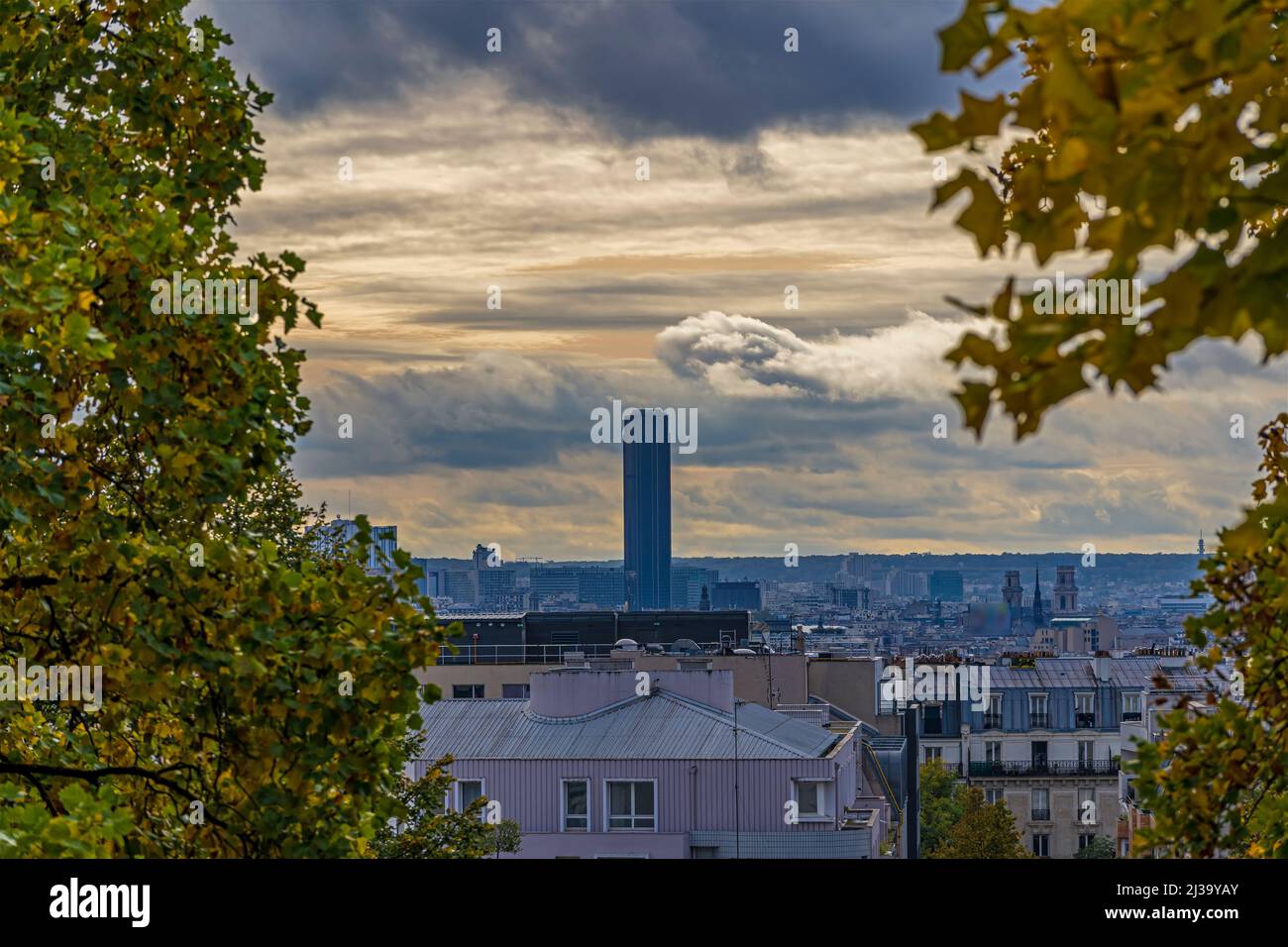 Montparnasse-Turm mit Blick auf Paris in einem wolkigen Tag Bäume Dächer Stockfoto