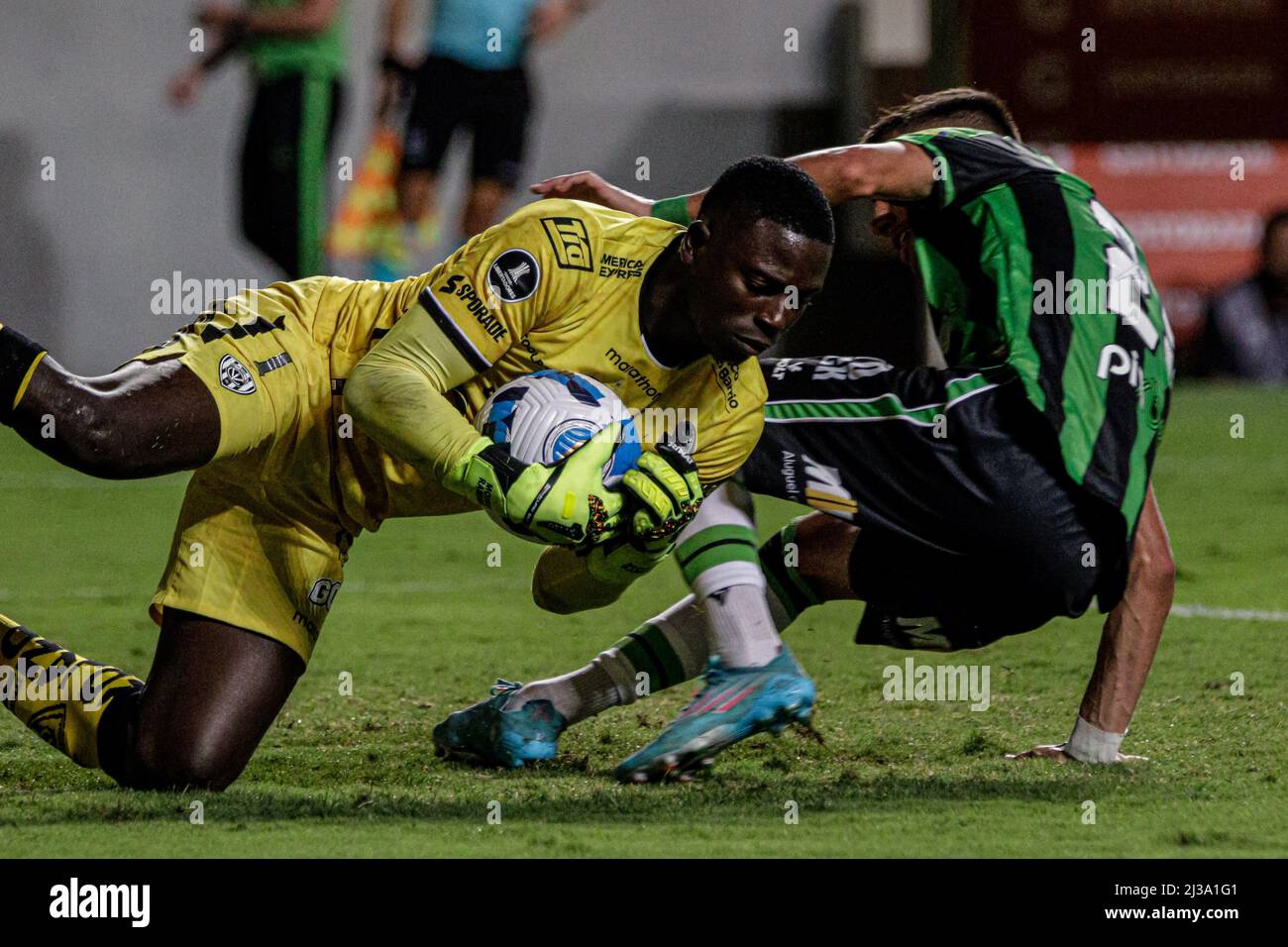BELO HORIZONTE, MG - 06.04.2022: AMÉRICA MG X INDEPENDIENTE DEL VALLE - Moisés Ramírez, Torhüter der Independiente del Valle, rettet sich während des América MG x Independiente del Valle, einem Spiel, das für die Gruppenphase von Libertadores 2022 gültig ist, das in der Arena Independência, Belo Horizonte, MG, ausgetragen wird. (Foto: Dudu Macedo/Fotoarena/Sipa USA) Stockfoto