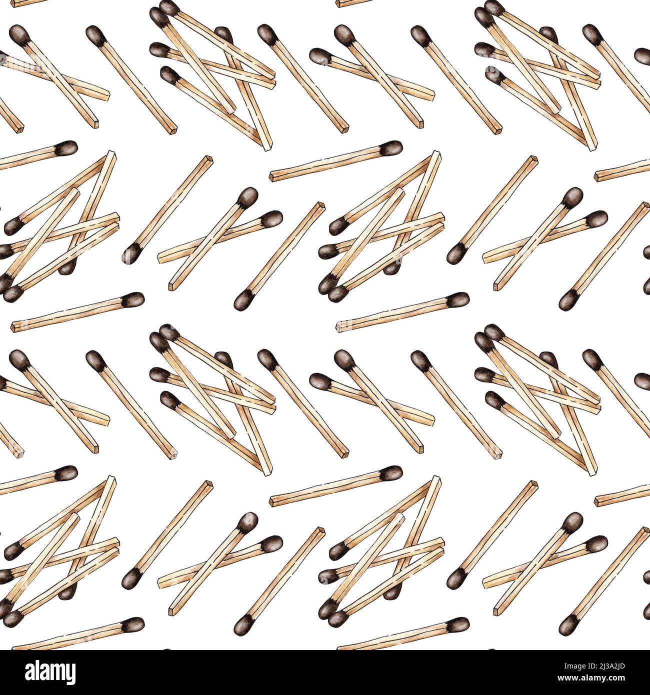 Aquarell-Illustration eines Musters einer Streuung von Streichhölzern. Hol dir die Flamme. Zünden Sie das Feuer an. Verbrannter Holzstab. Handgezeichnete Kritzeleien. Isoliert auf wh Stockfoto