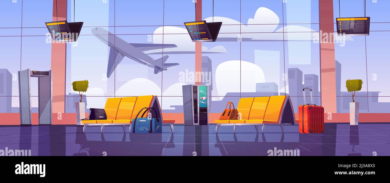 Wartezimmer am Flughafen mit Blick auf das Startfenster des Flugzeugs. Leeres Terminal-Interieur mit Stühlen, Gepäck, Sicherheitsscanner und Zeitplan-Displ Stock Vektor