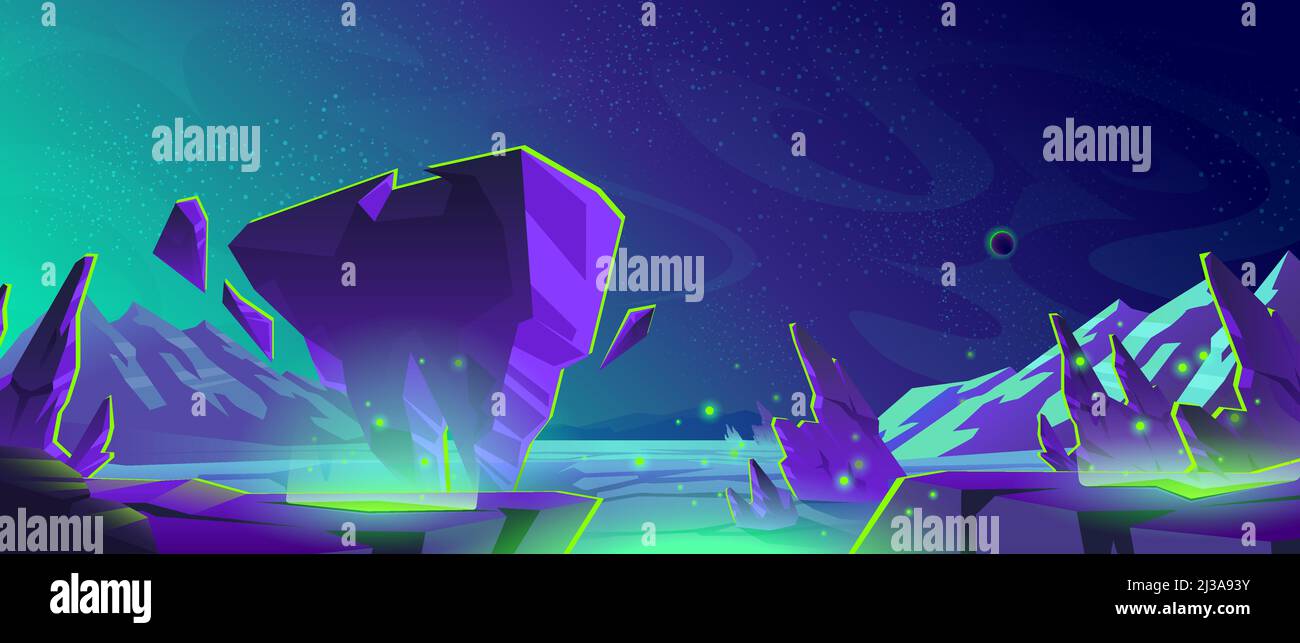 Weltraum-Hintergrund mit Landschaft von fremden Planeten mit Bergen, grün leuchten von Rissen im Boden. Vektor Cartoon Fantasy Illustration von Planet surfac Stock Vektor