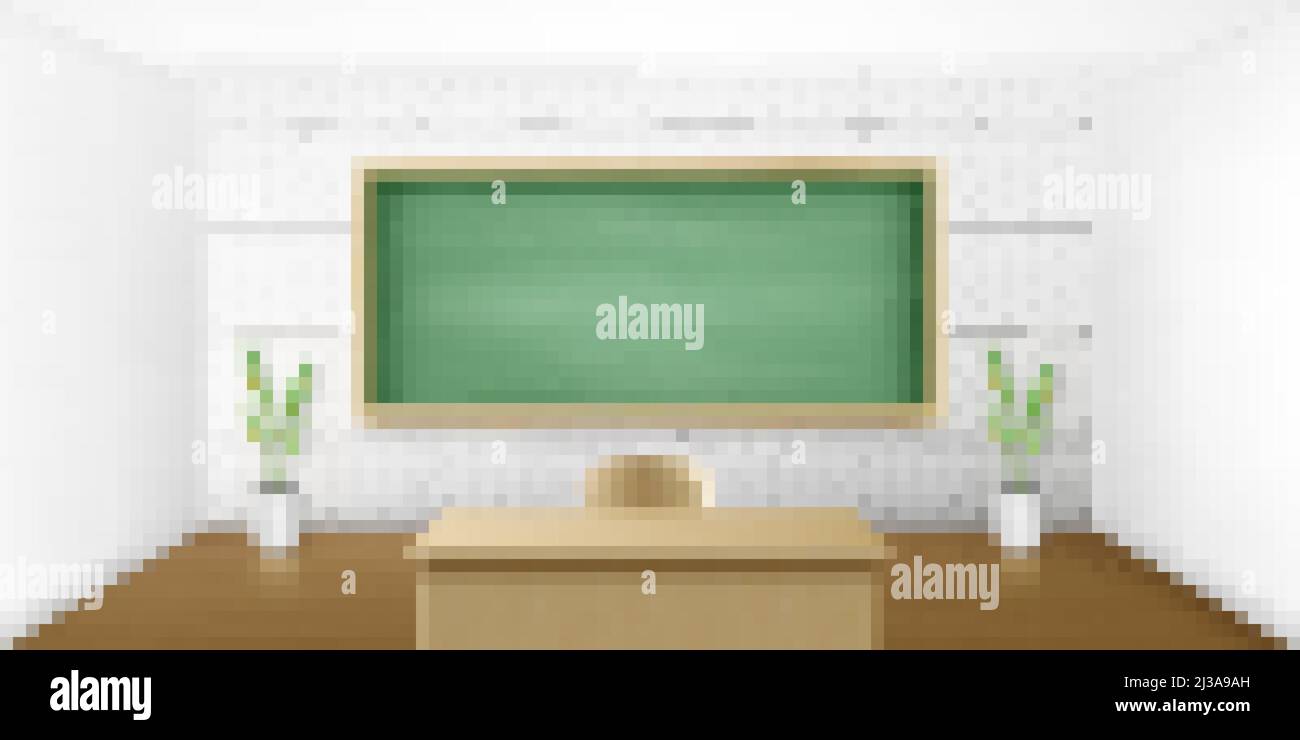 Klassenzimmer mit grüner Tafel an der weißen Ziegelwand und Holzlehrertisch mit Stuhl. Leere Tafel Hintergrund für Präsentation, Online-Conferenzen Stock Vektor