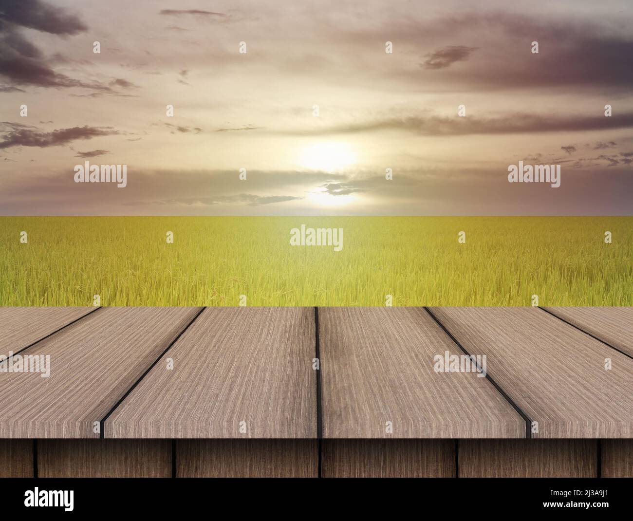 Oben auf einem braunen Holztisch und Blick auf die Reisfelder am Morgen mit der aufgehenden Sonne im ländlichen landwirtschaftlichen Bereich. Stockfoto