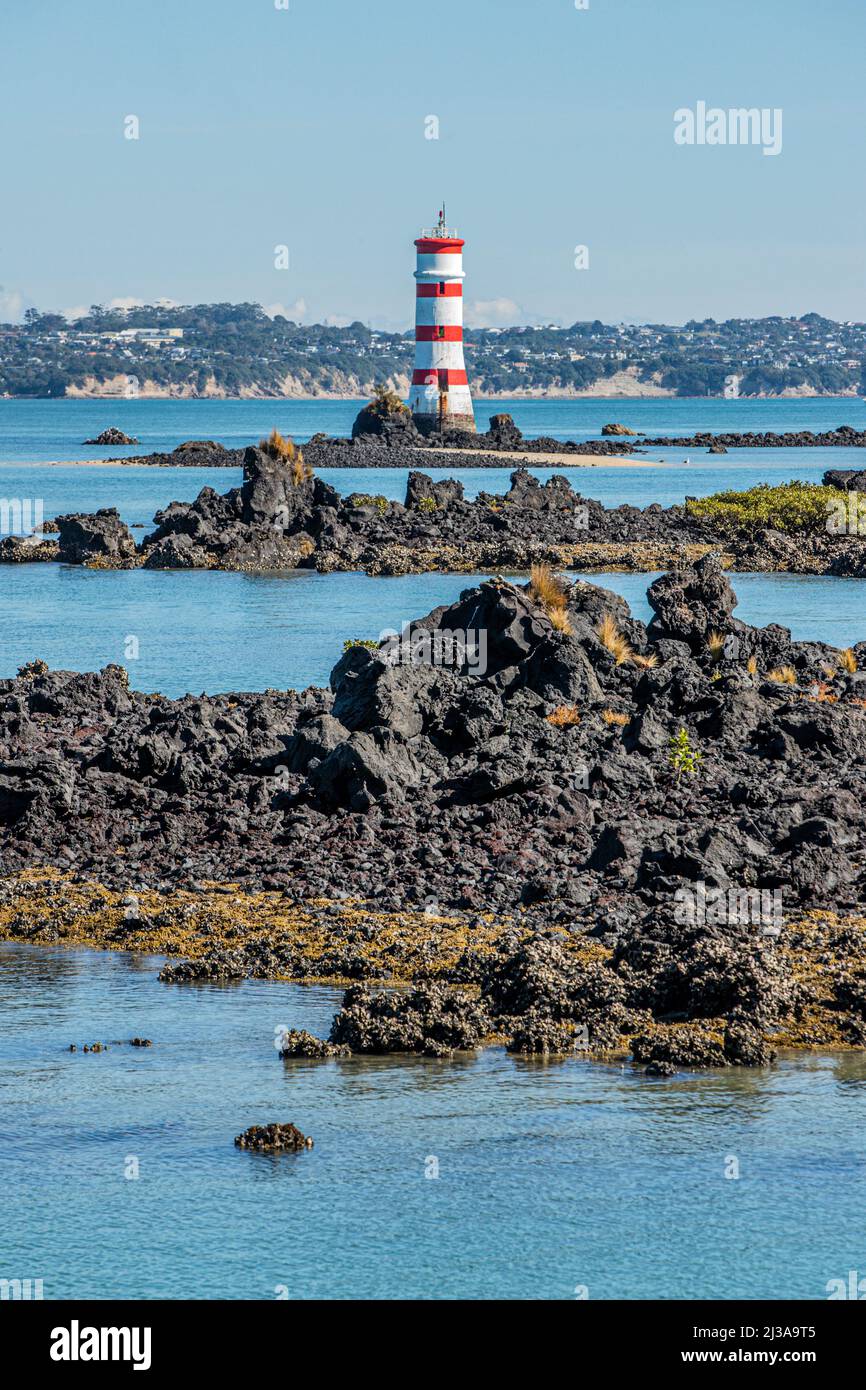 Leuchtturm auf der Insel Rangitoto, einer vulkanischen Insel im Hauraki Golf in der Nähe von Auckland, Neuseeland. Stockfoto