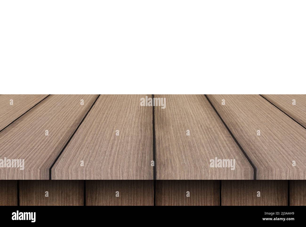 Holzboden des Tisches isoliert auf weißem Hintergrund. Stockfoto