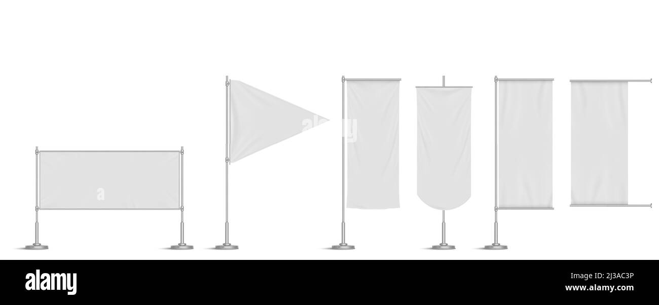 Weiße Vinylbanner, Dreiecksflagge und Wimpel auf der Stange. Vector realistische Nachbau von leeren Stoff Werbeplakate, Werbe-Textil-Banner hängen auf Metallrahmen und Ständer Stock Vektor