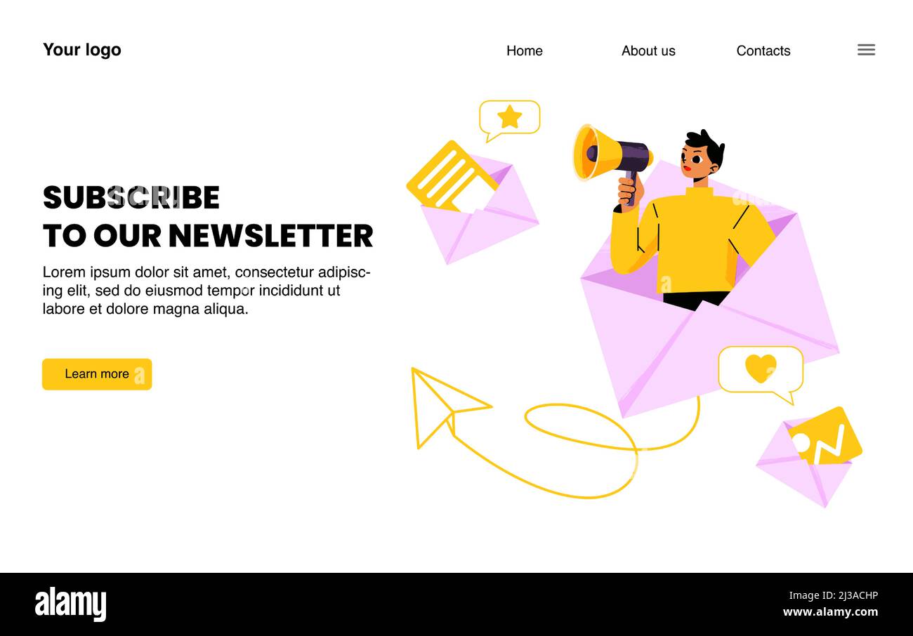 Abonnieren Sie unsere Newsletter Landing Page, E-Mail-News-Abonnement, Blog-Update-Nachrichten mit Promoter rufen Lautsprecher in riesigen Umschlag, Marketing, Mediengeschäft, Line Art Vektor Web-Banner Stock Vektor