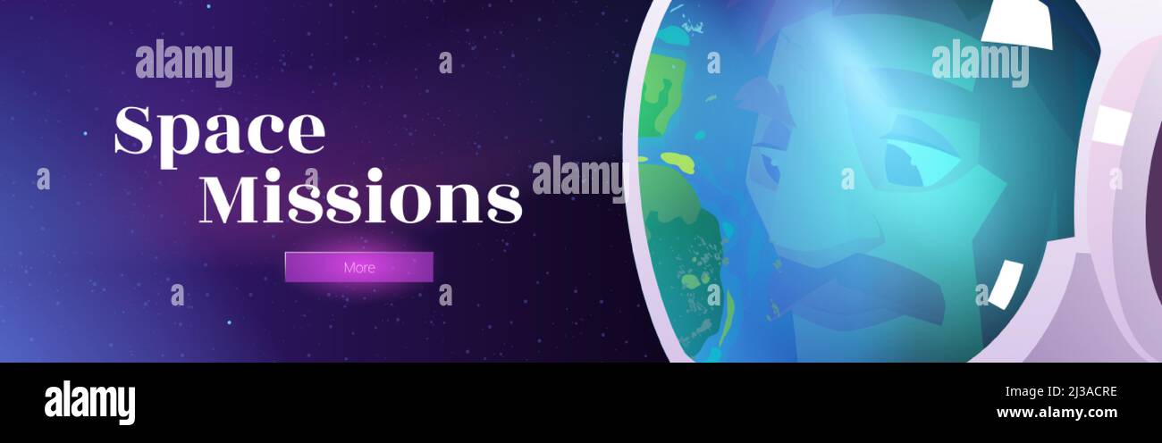 Weltraummissionen Banner mit Astronaut im Helm auf dem Hintergrund des Kosmos mit Sternen. Vektor-Poster mit Cartoon-Illustration des Kosmonauten in Raumanzüge w Stock Vektor