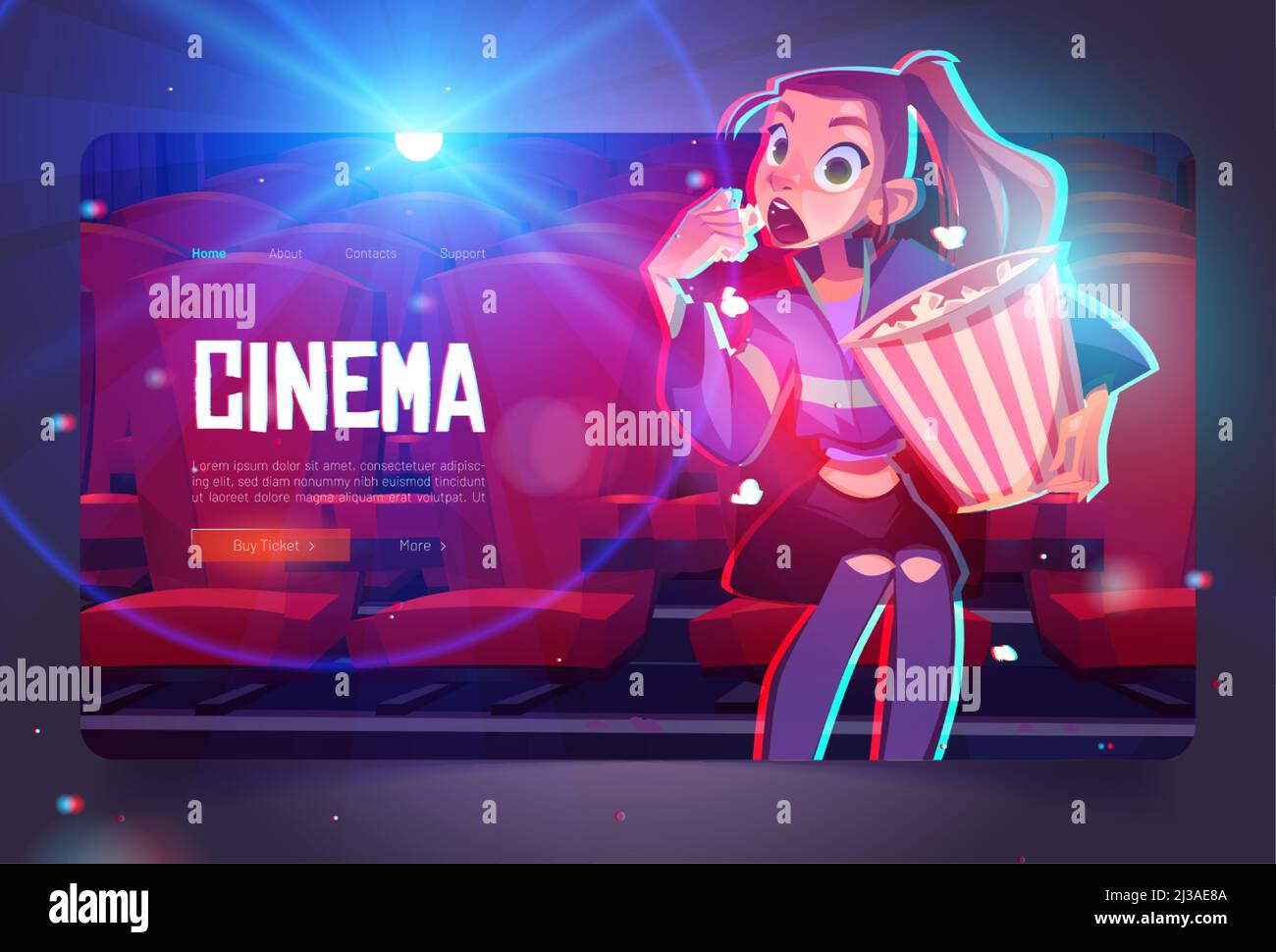 Kino Cartoon Web-Banner, junge hypnotisiertes Mädchen mit Pop Mais Eimer sitzen im Kino vor der Leinwand beobachten sehr interessante Film mit op Stock Vektor