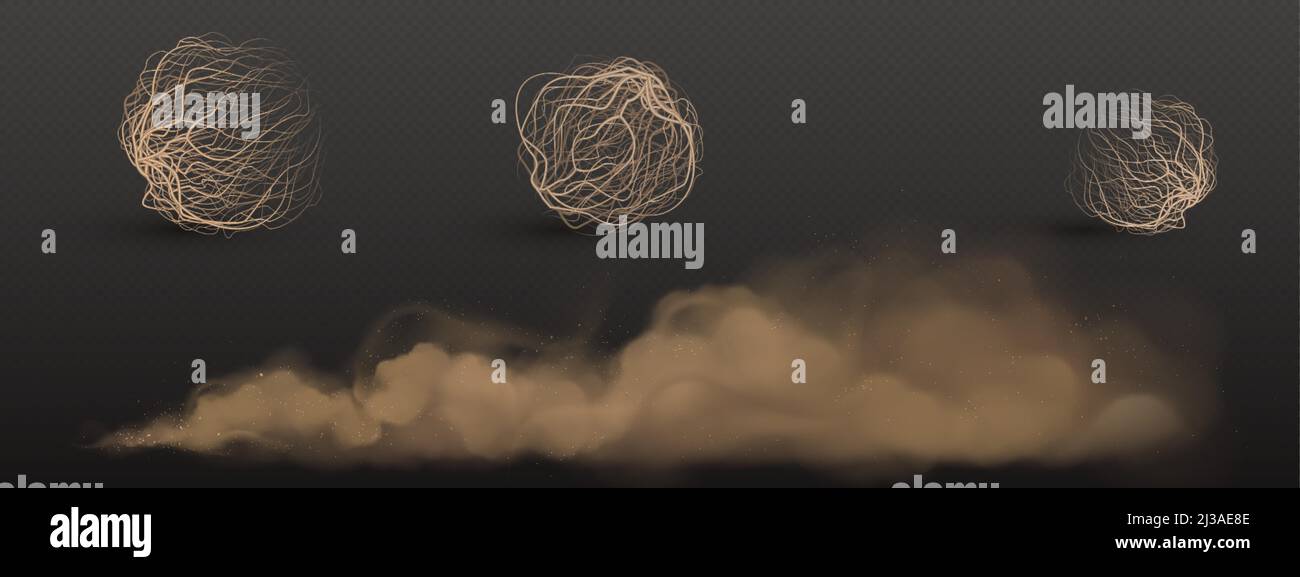 Braune Staubwolken und tumblewed, trockene Unkrautkugeln isoliert auf transparentem Hintergrund. Vector realistische Satz von Flow Wüstensand und rollende trockene Büsche, Stock Vektor
