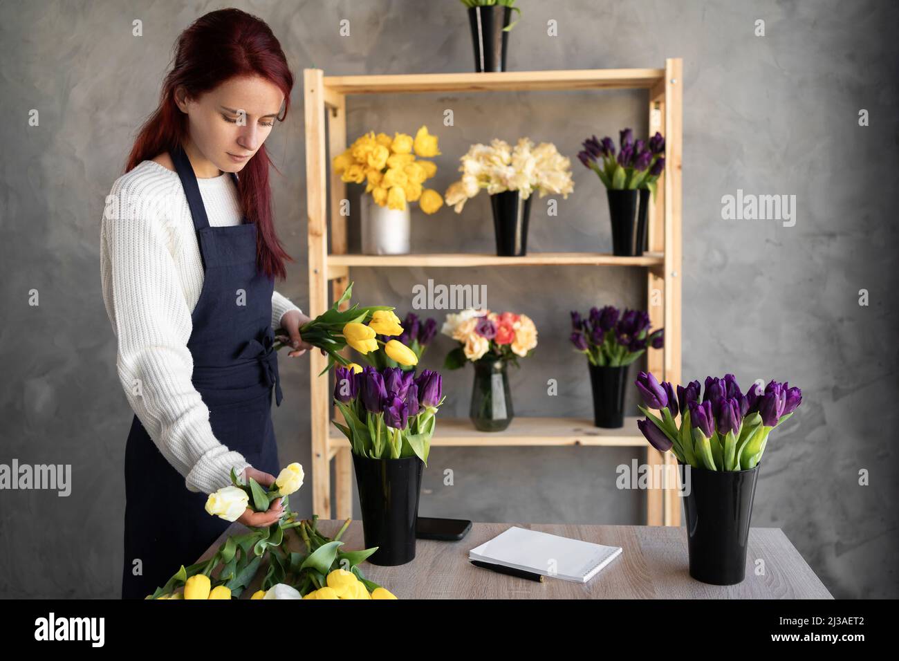 Ein kleines Geschäft. Eine Frau Floristin in einem Blumenladen in der Nähe einer Vitrine mit Tulpen in einer Schürze sammelt einen Strauß von Tulpenblumen. Blumenlieferung Stockfoto